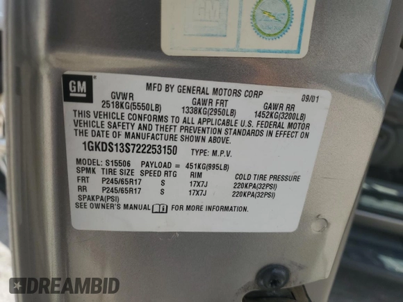 2002 GMC Envoy SLT z VIN 1GKDS13S722253150, wystawiony jako Copart lot #56255185 z przebiegiem 174 198 mil mil oraz Szkoda całkowita • Salvage title. Historia ofert i sprzedaży dostępna na DreamBid. Obrazek 13.