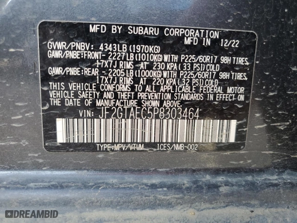 2023 Subaru Crosstrek Premium with VIN JF2GTAEC5P8303464, listed as a Copart auction lot 43124655 with 19,731 mi miles and Salvage Title. Bid and sale history available at carsss.com. Image 12.