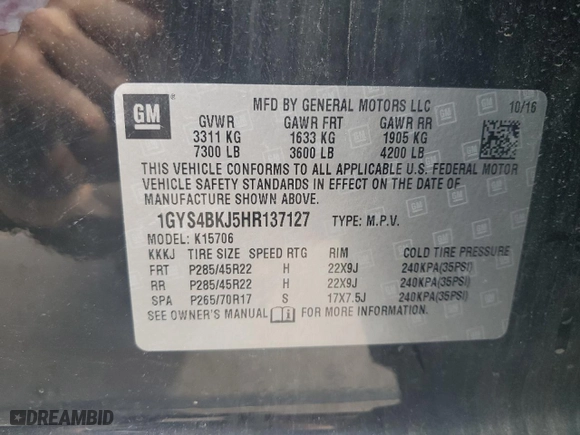 2017 Cadillac Escalade Luxury with VIN 1GYS4BKJ5HR137127, listed as a Copart auction lot 69627834 with 85,513 mi miles and Salvage Title. Bid and sale history available at carsss.com. Image 13.