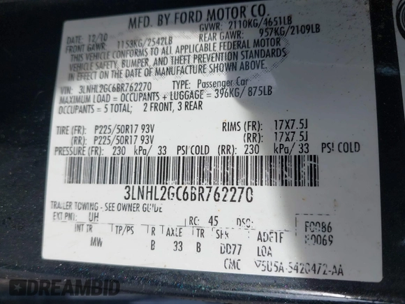 2011 Lincoln MKZ with VIN 3LNHL2GC6BR762270, listed as a IAAI auction lot 42019885 with 225,280 mi miles and . Bid and sale history available at DreamBid. Image 9.