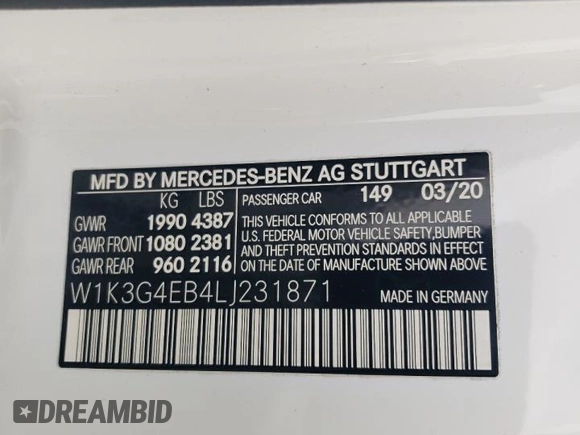 2020 Mercedes-Benz A 220 with VIN W1K3G4EB4LJ231871, listed as a Copart auction lot 51982155 with 55,637 mi miles and Salvage title. Bid and sale history available at DreamBid. Image 12.