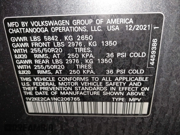 2022 Volkswagen Atlas SE z VIN 1V2KE2CA1NC206765, wystawiony jako IAAI lot #41876747 z przebiegiem 83 304 mil mil oraz . Historia ofert i sprzedaży dostępna na DreamBid. Obrazek 9.
