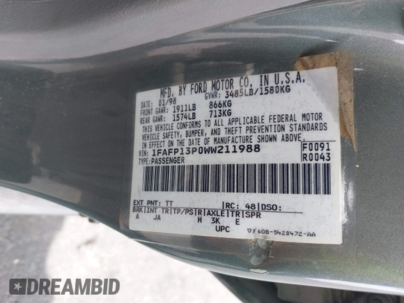 1998 Ford Escort SE с VIN 1FAFP13P0WW211988, выставлен на аукционе IAAI как лот 42414467 с пробегом 108 035 миль миль и . История ставок и продаж доступна на DreamBid. Изображение 9.