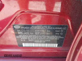 2011 Hyundai Sonata Limited with VIN 5NPEC4AB1BH230866, listed as a IAAI auction lot 41990287 with 134,666 mi miles and . Bid and sale history available at carsss.com. Image 9.