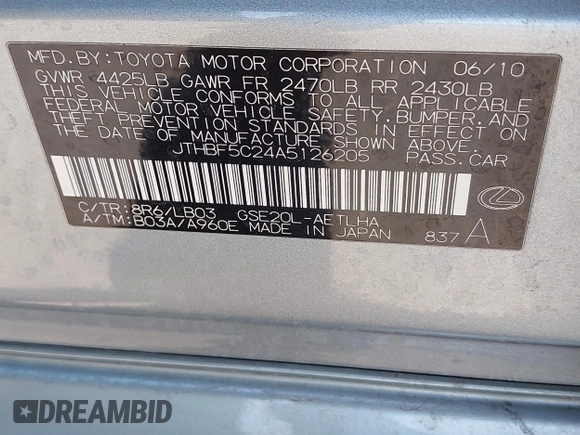 2010 Lexus IS 250 with VIN JTHBF5C24A5126205, listed as a IAAI auction lot 41965905 with 101,535 mi miles and . Bid and sale history available at DreamBid. Image 9.