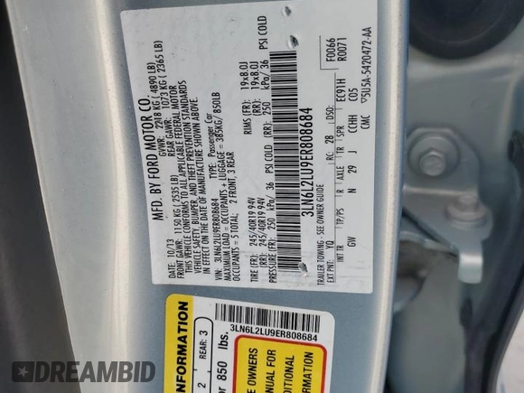 2014 Lincoln MKZ Hybrid with VIN 3LN6L2LU9ER808684, listed as a Copart auction lot 52974105 with 123,486 mi miles and Salvage Title. Bid and sale history available at DreamBid. Image 13.