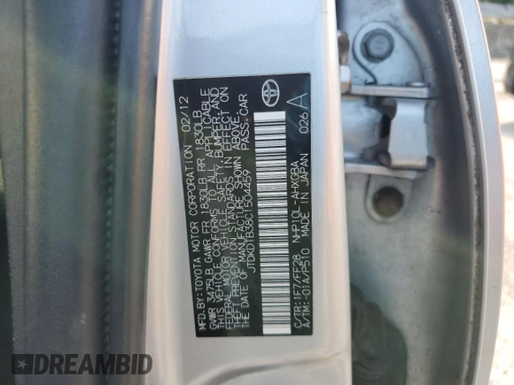2012 Toyota Prius One z VIN JTDKDTB38C1504459, wystawiony jako Copart lot #59395085 z przebiegiem 108 871 mil mil oraz Szkoda całkowita • Salvage title. Historia ofert i sprzedaży dostępna na DreamBid. Obrazek 13.