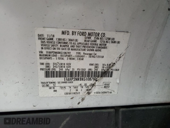2019 Ford Police Interceptor z VIN 1FAHP2MK8KG108792, wystawiony jako Copart lot #49288615 z przebiegiem Nie podano mil oraz Szkoda całkowita • Salvage title. Historia ofert i sprzedaży dostępna na DreamBid. Obrazek 14.