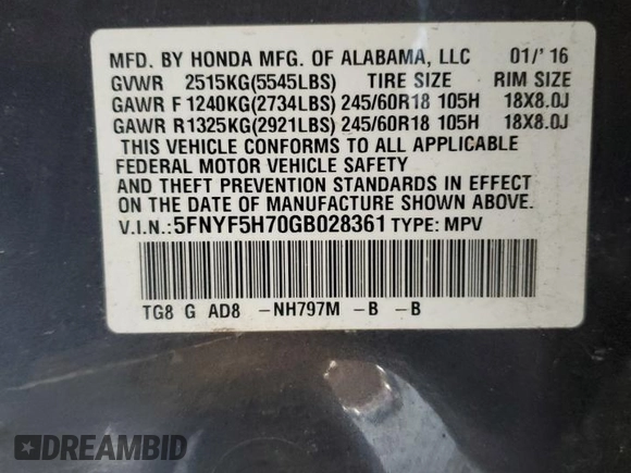 2016 Honda Pilot EX-L with VIN 5FNYF5H70GB028361, listed as a Copart auction lot 45791915 with 138,412 mi miles and Salvage Title. Bid and sale history available at DreamBid. Image 13.