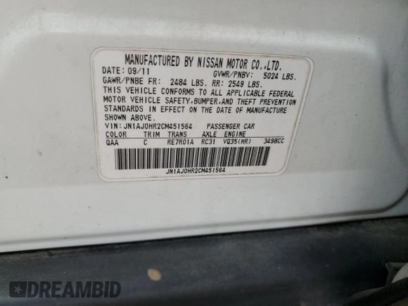 2012 Infiniti EX Journey with VIN JN1AJ0HR2CM451564, listed as a Copart auction lot 84375224 with 137,388 mi miles and Salvage Title. Bid and sale history available at DreamBid. Image 15.