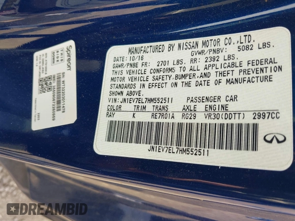 2017 Infiniti Q60 Premium with VIN JN1EV7EL7HM552511, listed as a IAAI auction lot 42558644 with 92,565 mi miles and . Bid and sale history available at DreamBid. Image 9.