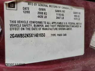 1999 Buick Regal LS with VIN 2G4WB52K5X1481650, listed as a Copart auction lot 61439375 with Not provided miles and Salvage title. Bid and sale history available at DreamBid. Image 12.