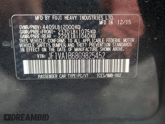 2016 Subaru WRX with VIN JF1VA1B68G9825452, listed as a Copart auction lot 47678945 with Not Provided miles and Salvage Title. Bid and sale history available at DreamBid. Image 14.