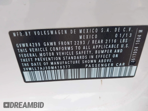 2013 Volkswagen Jetta TDI w/Premium/Nav with VIN 3VWLL7AJ3DM418377, listed as a IAAI auction lot 42768223 with 149,241 mi miles and . Bid and sale history available at DreamBid. Image 9.