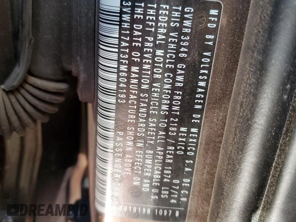 2015 Volkswagen Beetle with VIN 3VWH17AT3FM604193, listed as a Copart auction lot 72023304 with 49,958 mi miles and Salvage Title. Bid and sale history available at DreamBid. Image 14.