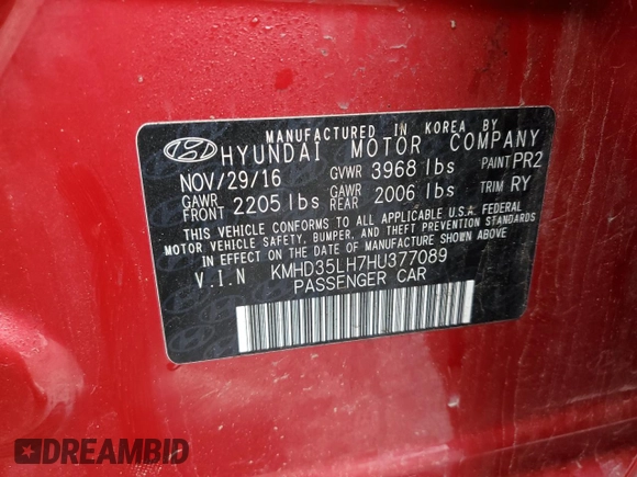 2017 Hyundai Elantra z VIN KMHD35LH7HU377089, wystawiony jako Copart lot #55217705 z przebiegiem 83 467 mil mil oraz Szkoda całkowita • Salvage title. Historia ofert i sprzedaży dostępna na DreamBid. Obrazek 12.