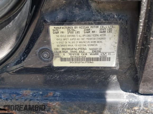 2006 Nissan Sentra S with VIN 3N1CB51D76L593361, listed as a IAAI auction lot 42041204 with 318,040 mi miles and . Bid and sale history available at DreamBid. Image 9.