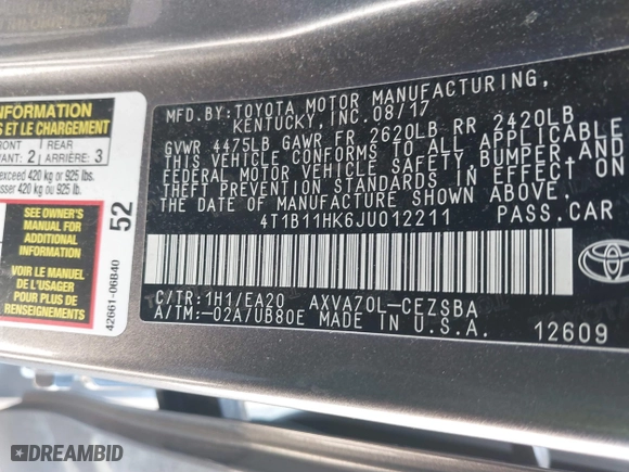2018 Toyota Camry LE with VIN 4T1B11HK6JU012211, listed as a IAAI auction lot 41793663 with 79,695 mi miles. Bid and sale history available at carsss.com. Image 9.