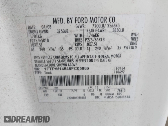 2008 Ford F-150 XLT with VIN 1FTPW14548FC05886, listed as a IAAI auction lot 42342447 with 173,079 mi miles and . Bid and sale history available at DreamBid. Image 9.