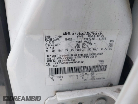 2010 Ford Super Duty F-250 SRW XL with VIN 1FTSW2B59AEB36692, listed as a IAAI auction lot 41517219 with 43,151 mi miles. Bid and sale history available at carsss.com. Image 9.