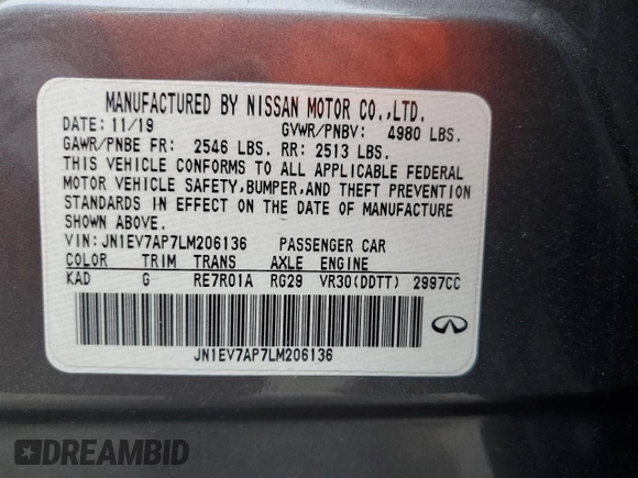 2020 Infiniti Q50 Luxe z VIN JN1EV7AP7LM206136, wystawiony jako Copart lot #59612355 z przebiegiem 70 001 mil mil oraz Szkoda całkowita • Salvage title. Historia ofert i sprzedaży dostępna na DreamBid. Obrazek 12.