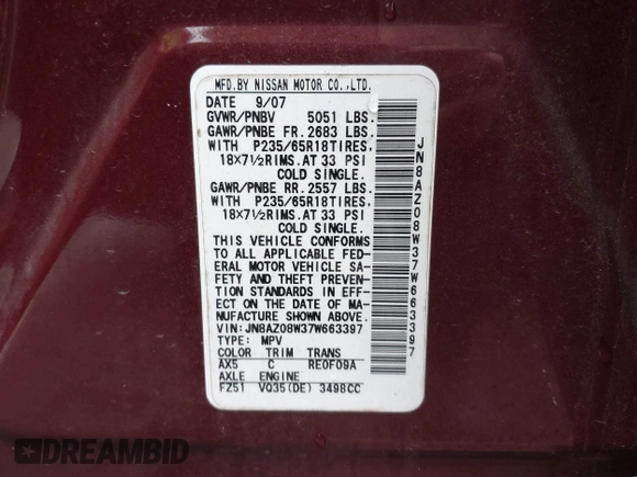 2007 Nissan Murano S with VIN JN8AZ08W37W663397, listed as a IAAI auction lot 41552454 with 236,888 mi miles and . Bid and sale history available at DreamBid. Image 9.