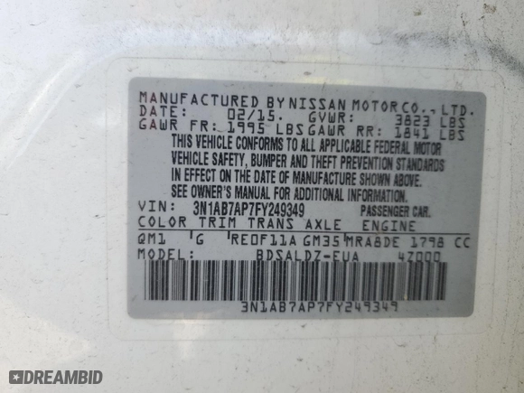 2015 Nissan Sentra SV with VIN 3N1AB7AP7FY249349, listed as a Copart auction lot 50194025 with 146,801 mi miles and Salvage Title. Bid and sale history available at carsss.com. Image 12.