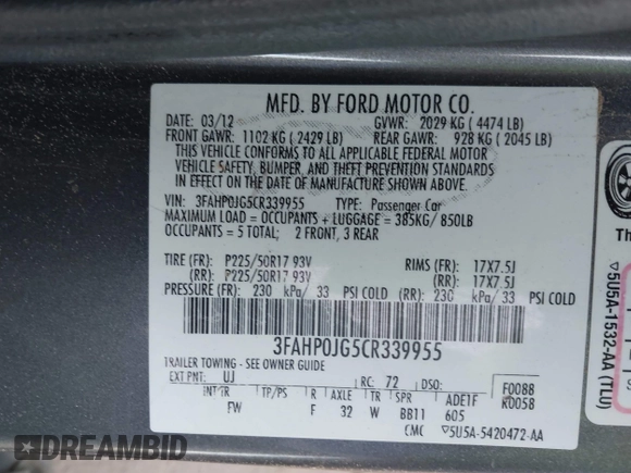 2012 Ford Fusion SEL with VIN 3FAHP0JG5CR339955, listed as a IAAI auction lot 41369431 with 159,871 mi miles and . Bid and sale history available at carsss.com. Image 9.