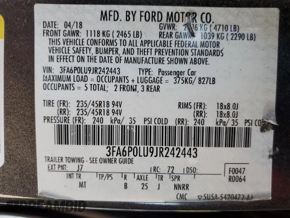 2018 Ford Fusion SE z VIN 3FA6P0LU9JR242443, wystawiony jako Copart lot #58049355 z przebiegiem 123 990 mil mil oraz Szkoda całkowita • Salvage title. Historia ofert i sprzedaży dostępna na DreamBid. Obrazek 13.