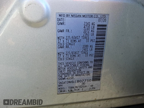 2020 Nissan Rogue S with VIN 5N1AT2MV6LC807750, listed as a Copart auction lot 54508595 with 154,007 mi miles and Clean Title. Bid and sale history available at DreamBid. Image 13.