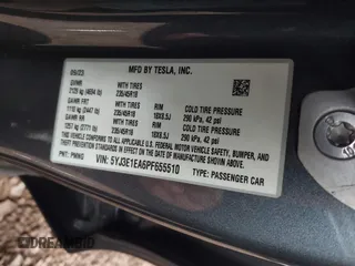 2023 Tesla Model 3 with VIN 5YJ3E1EA6PF655510, listed as a IAAI auction lot 41948480 with 27,179 mi miles and . Bid and sale history available at carsss.com. Image 9.
