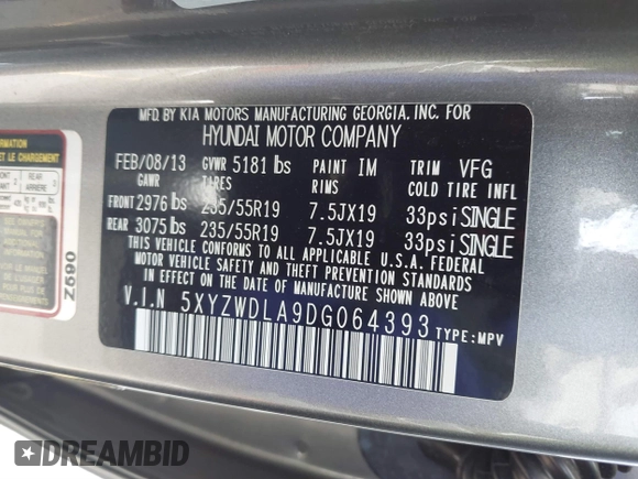 2013 Hyundai Santa Fe Sport z VIN 5XYZWDLA9DG064393, wystawiony jako IAAI lot #41601453 z przebiegiem 71 136 mil mil oraz . Historia ofert i sprzedaży dostępna na DreamBid. Obrazek 9.