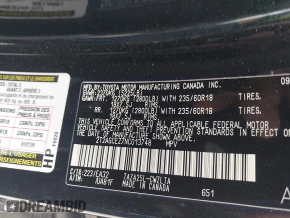 2022 Lexus NX with VIN 2T2AGCEZ7NC013748, listed as a IAAI auction lot 42131913 with Not Provided miles. Bid and sale history available at carsss.com. Image 9.
