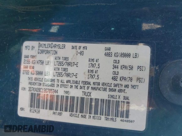 2003 Dodge 2500 ST with VIN 3D7KA28C13G785344, listed as a IAAI auction lot 41460710 with Not Provided miles. Bid and sale history available at carsss.com. Image 9.