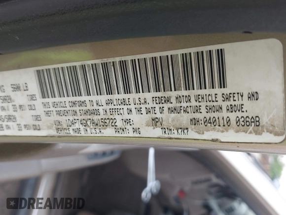 2010 Dodge Nitro Heat with VIN 1D4PT4GK7AW156722, listed as a IAAI auction lot 42508953 with 283,690 mi miles and . Bid and sale history available at DreamBid. Image 9.