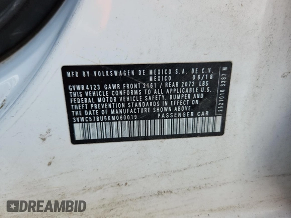 2019 Volkswagen Jetta S with VIN 3VWC57BU5KM060019, listed as a Copart auction lot 60983595 with 132,695 mi miles and Clean title. Bid and sale history available at DreamBid. Image 12.