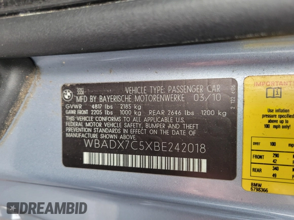2011 BMW 3 Series 335i с VIN WBADX7C5XBE242018, выставлен на аукционе IAAI как лот 42448371 с пробегом 69 043 миль миль и . История ставок и продаж доступна на DreamBid. Изображение 9.