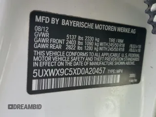 2013 BMW X3 xDrive28i with VIN 5UXWX9C5XD0A20457, listed as a Copart auction lot 54404445 with 126,295 mi miles and Salvage Title. Bid and sale history available at DreamBid. Image 12.