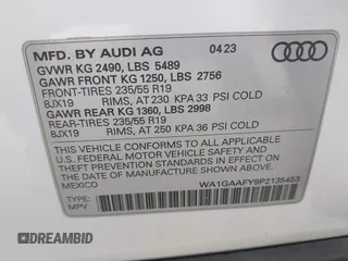 2023 Audi Q5 S line Premium with VIN WA1GAAFY9P2135453, listed as a IAAI auction lot 42030044 with 27,690 mi miles and . Bid and sale history available at DreamBid. Image 9.
