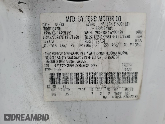 2013 Ford F-250 XL with VIN 1FT7X2B62DEB20592, listed as a Copart auction lot 51535495 with 390,072 mi miles and Salvage Title. Bid and sale history available at DreamBid. Image 14.