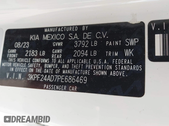 2023 Kia Forte LXS z VIN 3KPF24AD7PE686469, wystawiony jako IAAI lot #42112744 z przebiegiem 103 937 mil mil oraz . Historia ofert i sprzedaży dostępna na DreamBid. Obrazek 9.