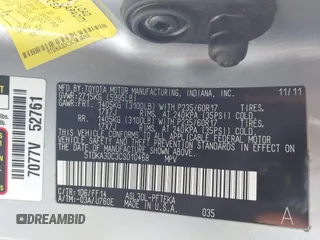 2012 Toyota Sienna with VIN 5TDKA3DC3CS010468, listed as a IAAI auction lot 41542523 with 56,055 mi miles and . Bid and sale history available at DreamBid. Image 9.