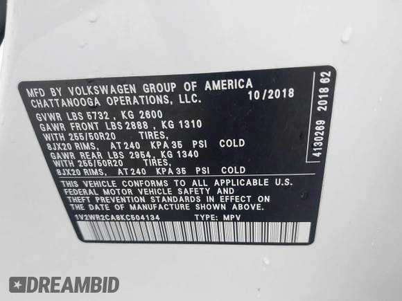 2019 Volkswagen Atlas SE z VIN 1V2WR2CA8KC504134, wystawiony jako IAAI lot #41700050 z przebiegiem 97 047 mil mil oraz . Historia ofert i sprzedaży dostępna na DreamBid. Obrazek 9.
