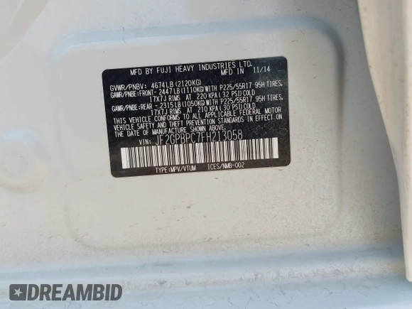 2015 Subaru Crosstrek Touring with VIN JF2GPBPC7FH213058, listed as a IAAI auction lot 42498043 with 79,315 mi miles and . Bid and sale history available at DreamBid. Image 9.