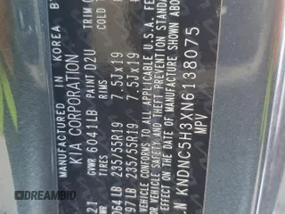 2022 Kia Carnival EX with VIN KNDNC5H3XN6138075, listed as a Copart auction lot 38982654 with 0 mi miles and Salvage Title. Bid and sale history available at carsss.com. Image 14.
