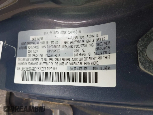 2008 Mazda CX-9 Touring with VIN JM3TB38V980157733, listed as a IAAI auction lot 42698455 with 167,249 mi miles and . Bid and sale history available at DreamBid. Image 9.