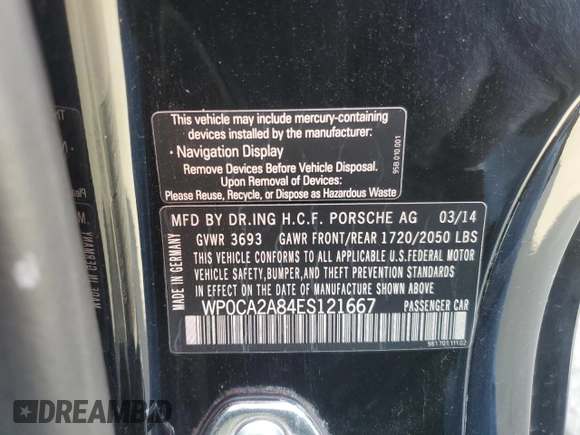 2014 Porsche Boxster with VIN WP0CA2A84ES121667, listed as a Copart auction lot 87510945 with 62,689 mi miles and Salvage title. Bid and sale history available at DreamBid. Image 13.