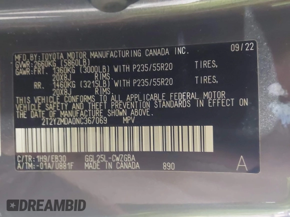 2022 Lexus RX 350 F Sport with VIN 2T2YZMDA0NC367069, listed as a IAAI auction lot 42516670 with 23,454 mi miles and . Bid and sale history available at DreamBid. Image 9.