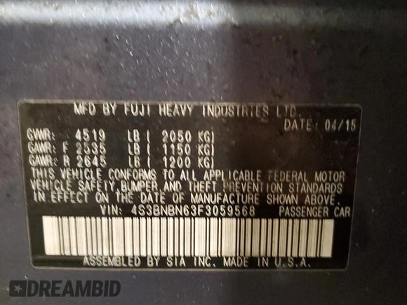 2015 Subaru Legacy 2.5i Limited with VIN 4S3BNBN63F3059568, listed as a Copart auction lot 88358645 with 0 mi miles and Salvage Title. Bid and sale history available at carsss.com. Image 14.