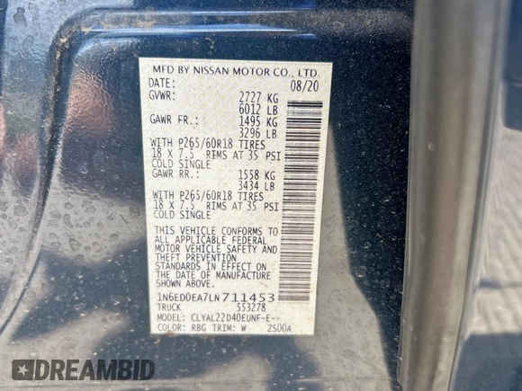 2020 Nissan Frontier SV with VIN 1N6ED0EA7LN711453, listed as a Copart auction lot 64101035 with 149,918 mi miles and Clean title. Bid and sale history available at DreamBid. Image 10.